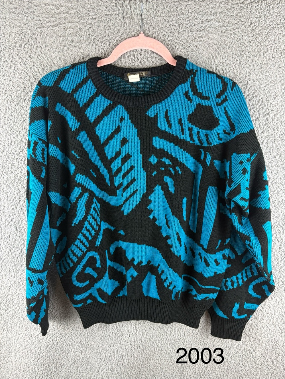 Bronzini Vintage 1980s Black & Teal Abstract Geometric Crewneck Sweater L/XL